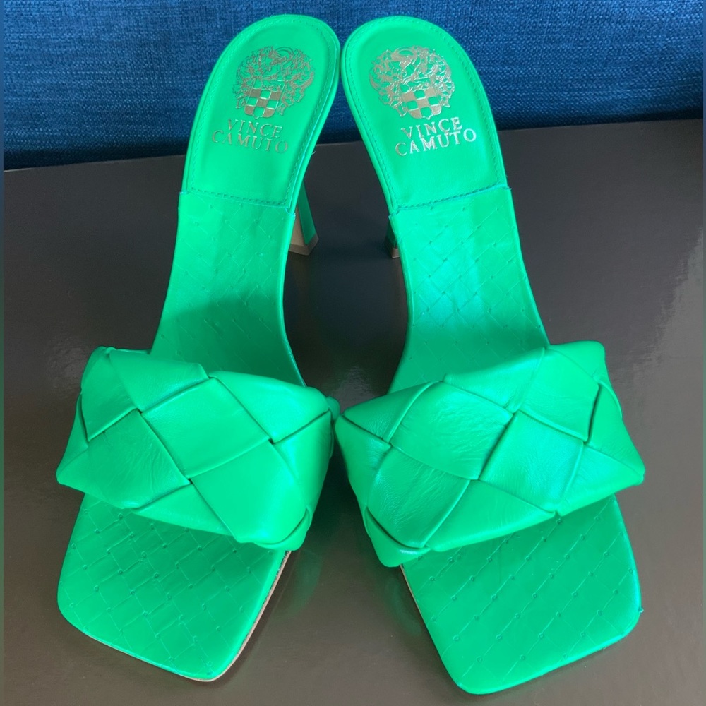 Brand New Vince Camuto woven leather green mules